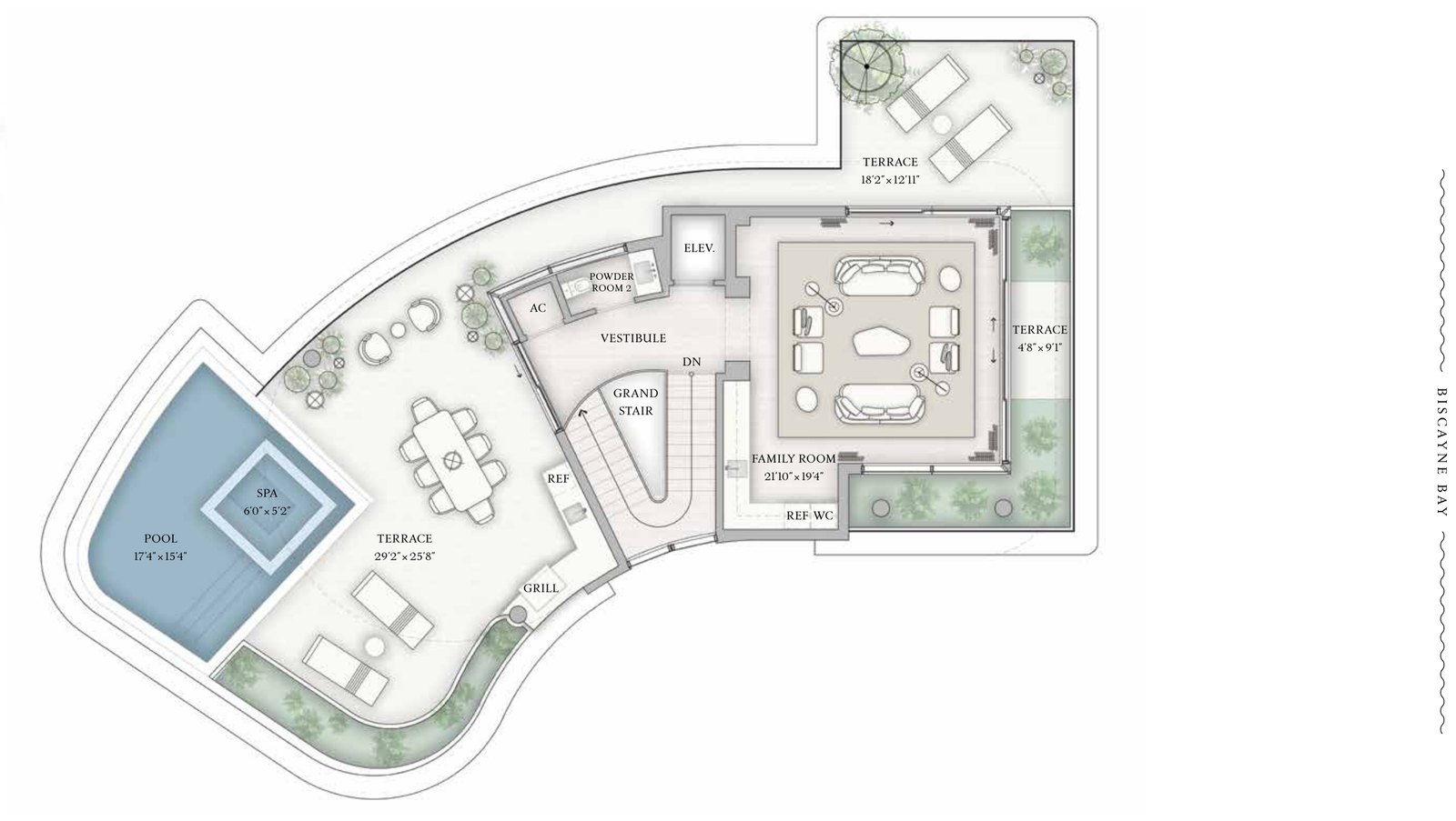 Roof level floor plan of Villa B with pool and spa.